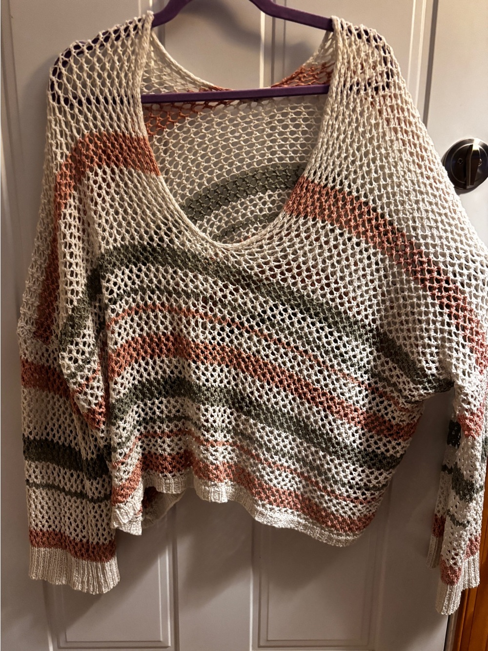 POL Large-Oversized Open-Knit Scoop-Neck Sweater in Cream, Rust & Olive-NWOT